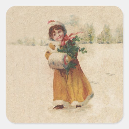 Sticker Carré Antique Fille de Noël Enfant d'hiver (Devant)