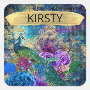 Sticker Carré Antique Illustrated Peacock & Flowers Grunge
