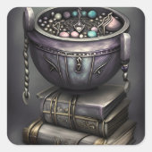 Sticker Carré Antique Steampunk Cauldron | Pile de Spellbooks (Devant)