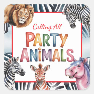 Sticker Carré Appel à tous les animaux de fête Fête d'anniversai