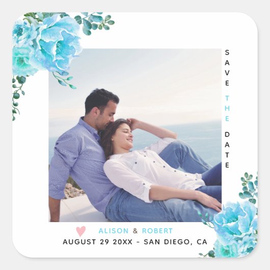 Sticker Carré Aqua bleu aquarelle fleurs, vert feuille photo (Devant)