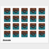 Sticker Carré Aqua bleu étincelle bois brun rustique Monogramme (Feuille)