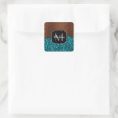 Sticker Carré Aqua bleu étincelle bois brun rustique Monogramme (Sac)