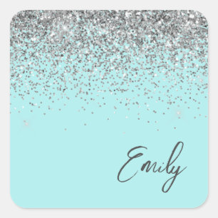 Sticker Carré Aqua bleu Turquoise Parties scintillant argent Mon