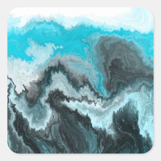 Sticker Carré Aqua Blue Grey et Black Waves Art moderne Abstrait (Devant)