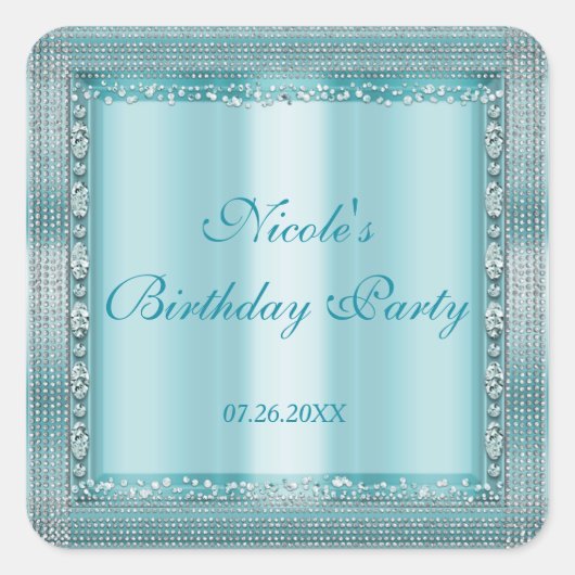 Sticker Carré Aqua Turquoise Blue & Silver Diamond Bling Party F (Devant)