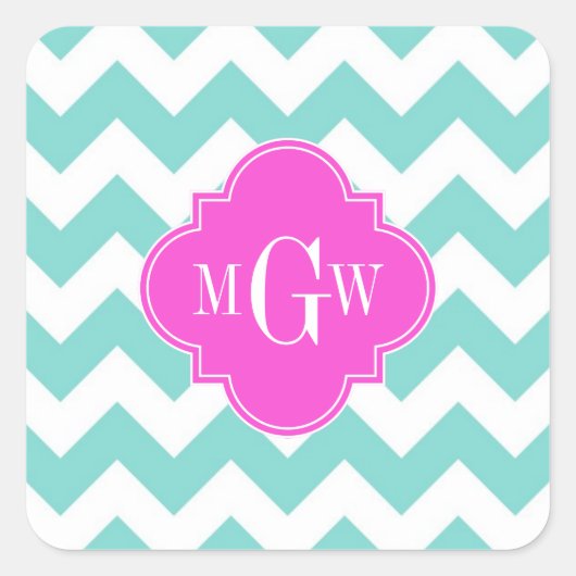 Sticker Carré Aqua White Chevron Hot Pink Quatrefoil 3 monogram (Devant)
