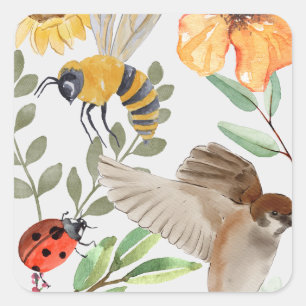 Sticker Carré Aquarelle Abeille, Moineau & Papier Plat Fleur Sau