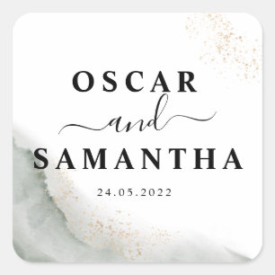 Sticker Carré Aquarelle Abstraite Pinceau vert et or