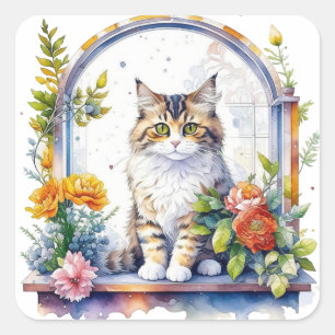 Sticker Carré Aquarelle adorable Chat dans la fenêtre de fleurs