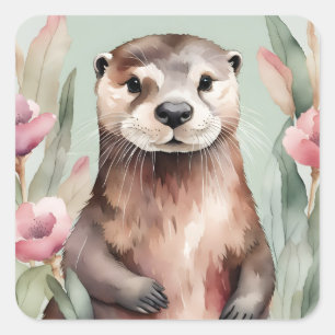 Sticker Carré Aquarelle adorable Otter