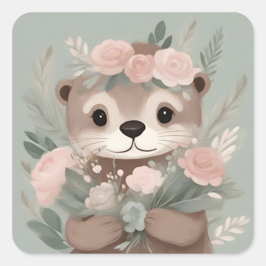 Sticker Carré Aquarelle adorable Otter Boho (Devant)