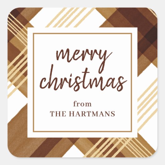 Sticker Carré Aquarelle Ambre or Plaid Joyeux Noël Nom (Devant)