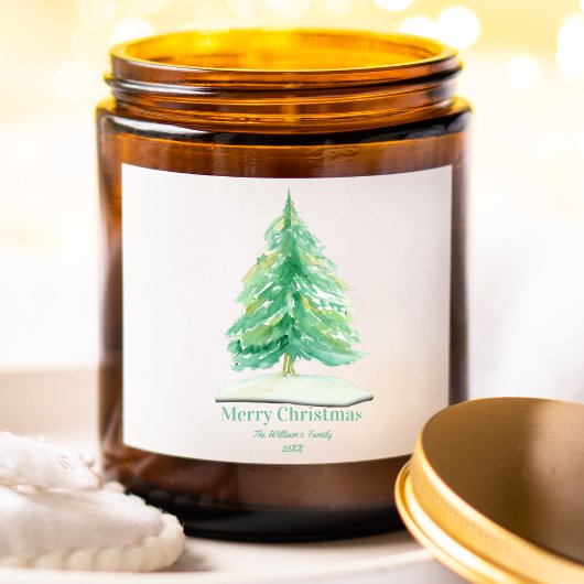 Sticker Carré Aquarelle Arbre de Noël Avec Neige Or