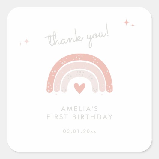Sticker Carré Aquarelle arc-en-ciel Boho rose Premier anniversai (Devant)