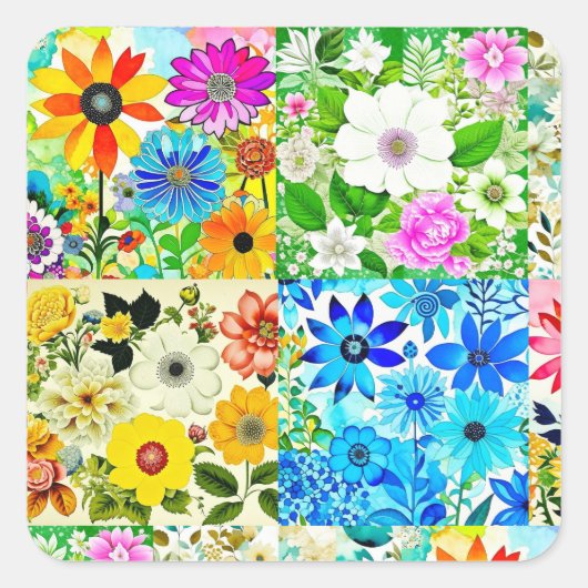 Sticker Carré Aquarelle Art Patchwork Floral Fleurs (Devant)