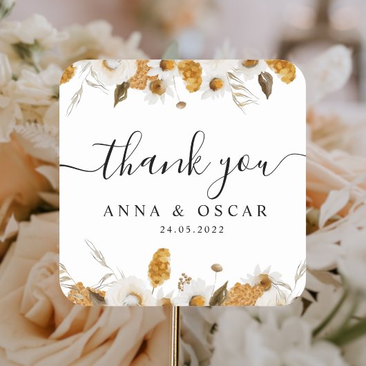 Sticker Carré Aquarelle Automne Jaune & Blanc Cadre Floral