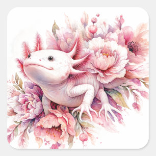 Sticker Carré Aquarelle Axolotl Parmi Les Fleurs Roses