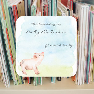 Sticker Carré Aquarelle baby shower bébé porc