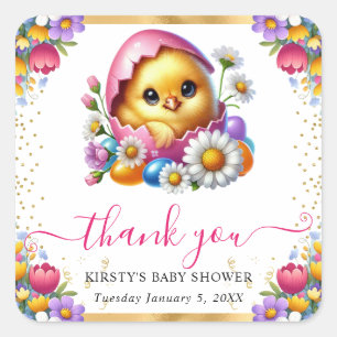 Sticker Carré Aquarelle Baby shower des fleurs de printemps de p