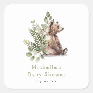 Sticker Carré Aquarelle Baby shower d'ours de bois