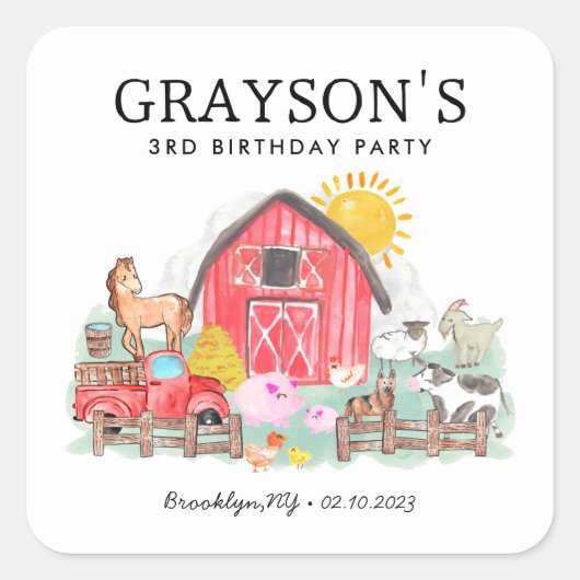 Sticker Carré Aquarelle Barnyard Animaux Enfants Ferme Anniversa (Devant)