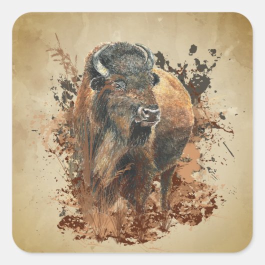 Sticker Carré Aquarelle Bison Buffle Animaux Nature (Devant)