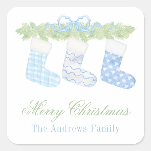 Sticker Carré Aquarelle Bleu & Blanc Noël Stockage Cadeau (Devant)
