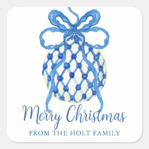 Sticker Carré Aquarelle Bleu Chinoiserie Ornement Noël