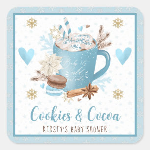 Sticker Carré Aquarelle Bleu Cookies et Baby shower de cacao