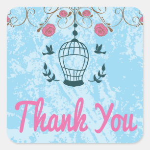 Sticker Carré Aquarelle Bleu Et Rose Merci Floral Cage à Oiseaux