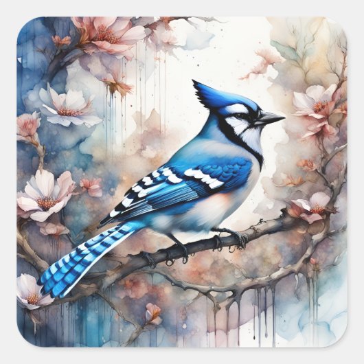 Sticker Carré Aquarelle bleu Jay Cherry Blossoms (Devant)