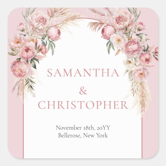 Sticker Carré Aquarelle bleu rose fleurs boho arche pampas (Devant)