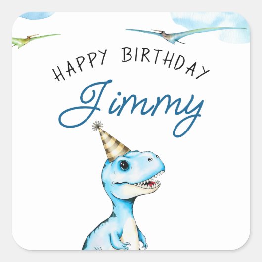 Sticker Carré Aquarelle Bleu Trois Rex Dinosaur Anniversaire (Devant)
