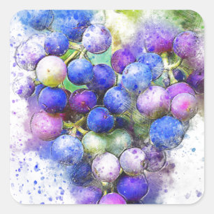 Sticker Carré Aquarelle bleu violet Raisins Fruit Abstrait
