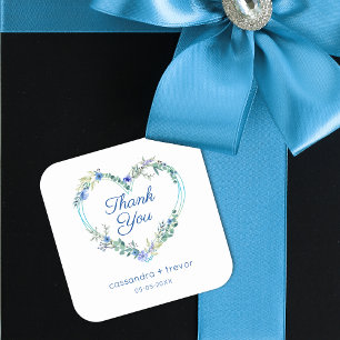 Sticker Carré Aquarelle bleue Florale Coeur avec Feuille