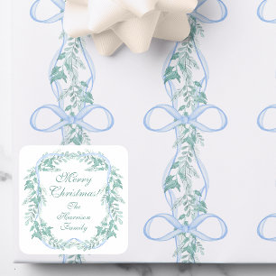 Sticker Carré Aquarelle Blue Bow Garland cadeau de Noël