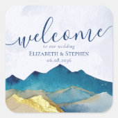 Sticker Carré Aquarelle Blue Gold Foil Mountain Mariage Bienvenu (Devant)