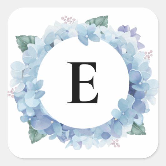 Sticker Carré Aquarelle Blue Hydrangeas Bold Script Monogramme (Devant)