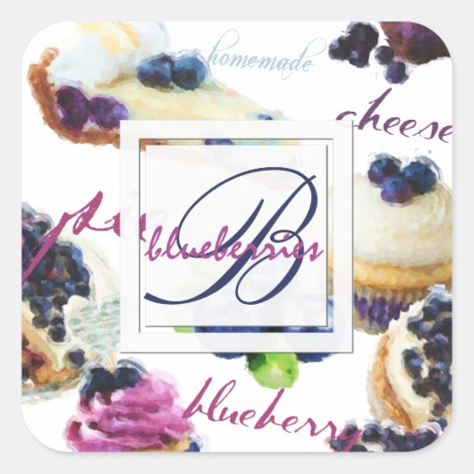 Sticker Carré Aquarelle Blueberries et Sweets Monogramme (Devant)
