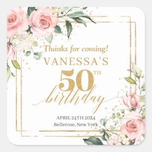 Sticker Carré Aquarelle Blush rose eucalyptus 50e anniversaire