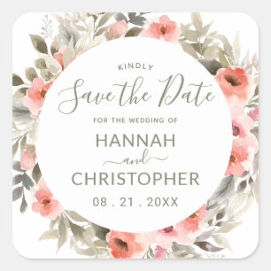 Sticker Carré Aquarelle Blush Rose Wreath Enregistrer l'étiquett