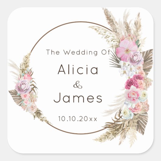 Sticker Carré Aquarelle Boho Fleurs et plumes (Devant)