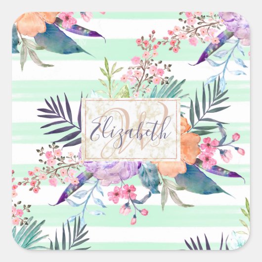 Sticker Carré Aquarelle Boho floral, feuille, rayures peinture m (Devant)