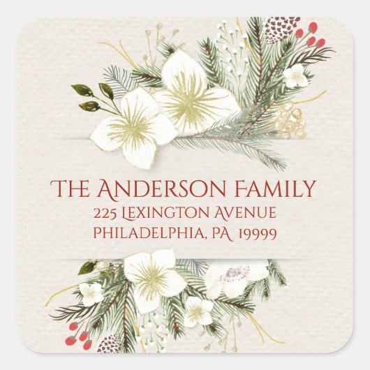 Sticker Carré Aquarelle botanique de Noël Adresse de retour (Devant)