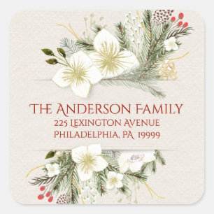 Sticker Carré Aquarelle botanique de Noël Adresse de retour