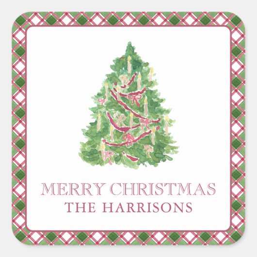 Sticker Carré Aquarelle Bourgogne et arbre de Noël vert plaid (Devant)