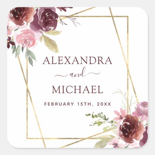 Sticker Carré Aquarelle Bourgogne Mariage floral géométrique (Devant)