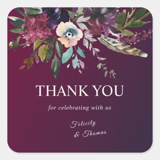 Sticker Carré Aquarelle Bourgogne Splendor Boho Merci Floral (Devant)