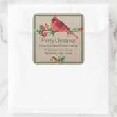 Sticker Carré Aquarelle Cardinal Bird & Berries Lg. Adresse (Sac)